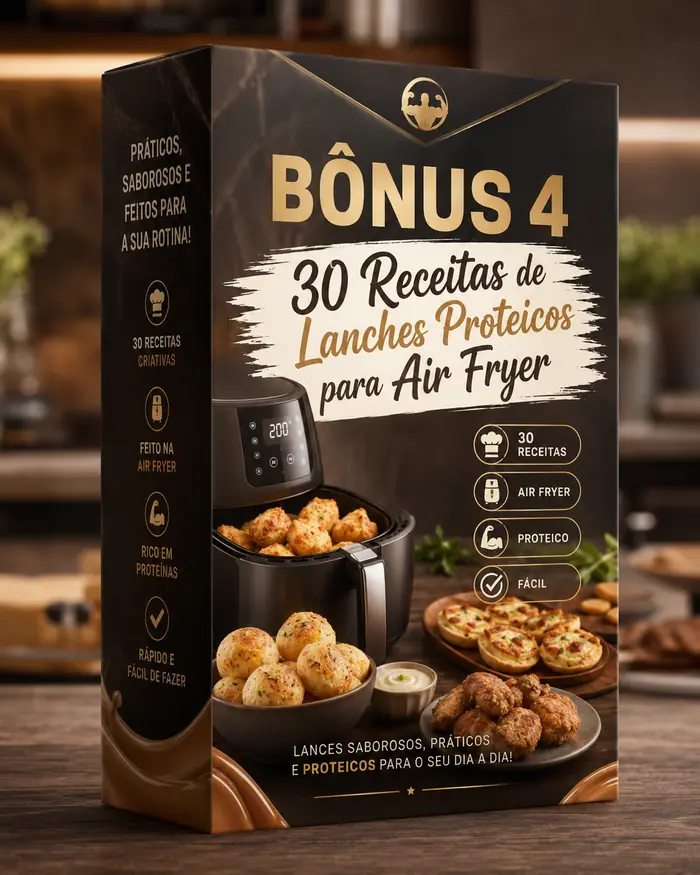 Mockup do bônus 30 receitas de lanches proteicos para Air Fryer