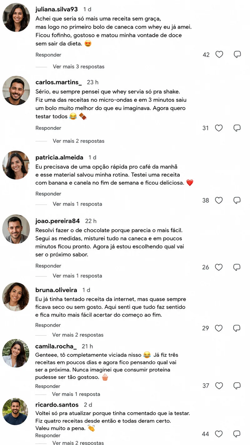 Prints de depoimentos sobre as receitas de bolos de caneca com whey