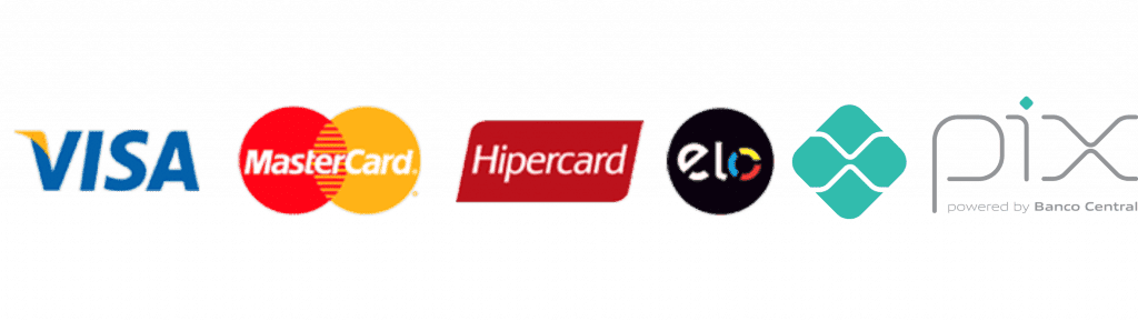 Formas de pagamento Visa, Mastercard, Hipercard, Elo e Pix