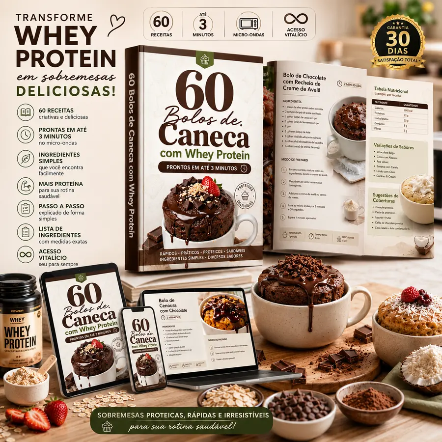 Mockup do plano básico com o livro 60 Bolos de Caneca Proteicos
